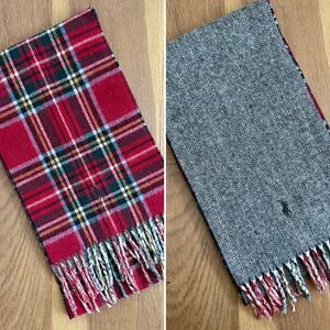 Polo Ralph Lauren Reversible Lambswool Red Plaid Grey Herringbone Scarf